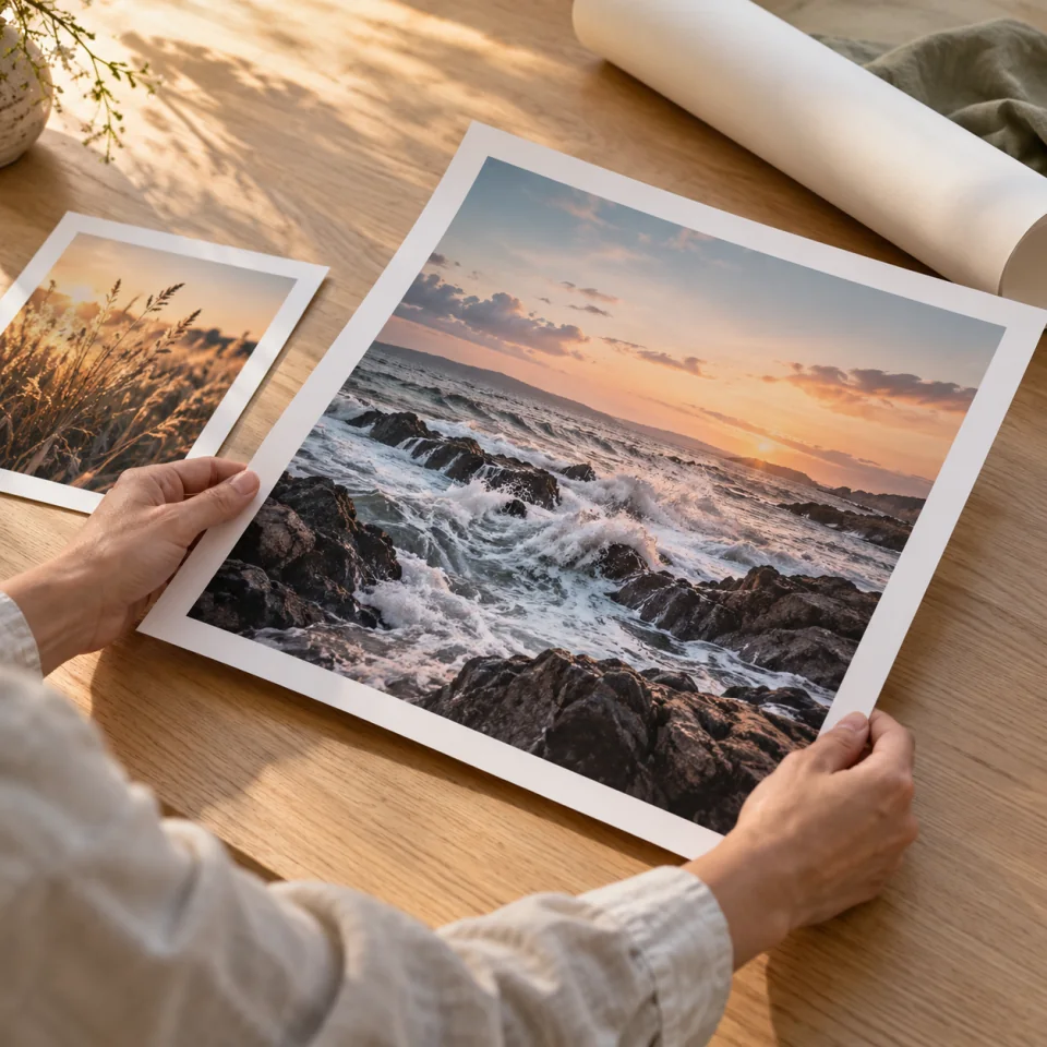 Hands lifting a white-bordered photograph of waves breaking over coastal rocks.