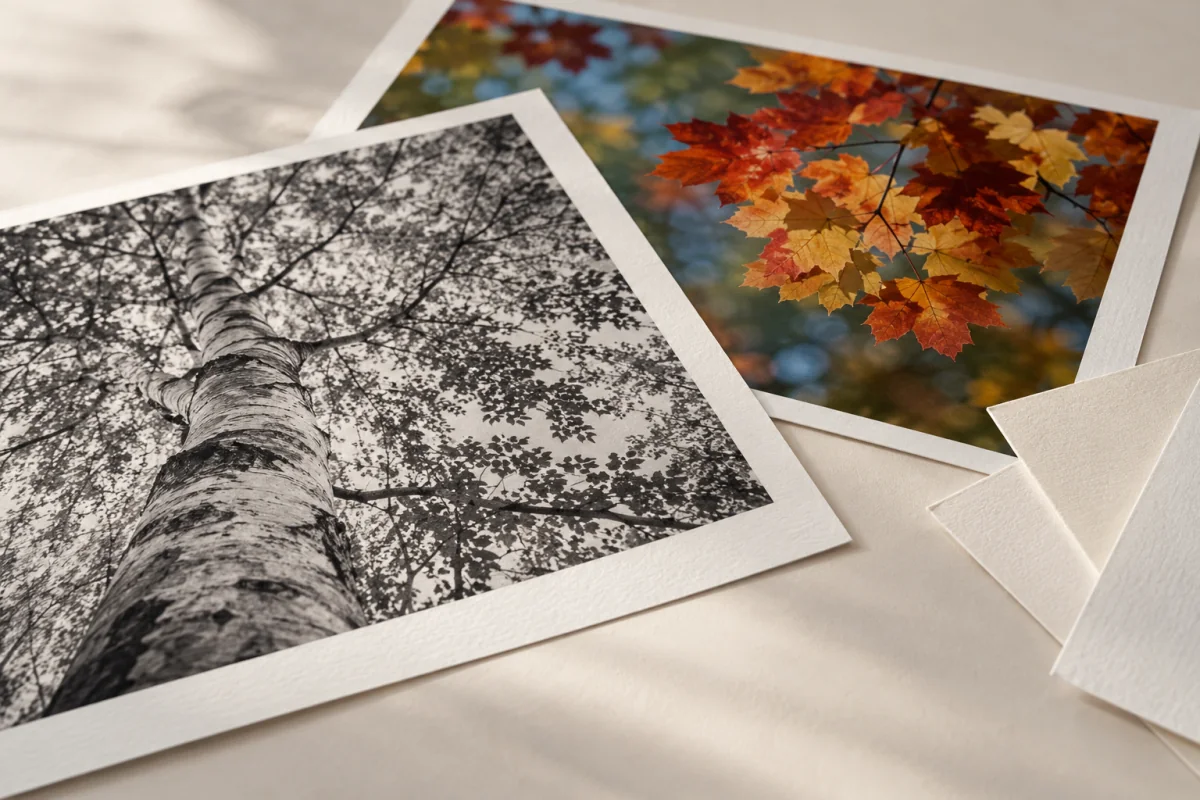 Fine art and glossy photographs showing birch trees and autumn leaves, with visible paper texture.