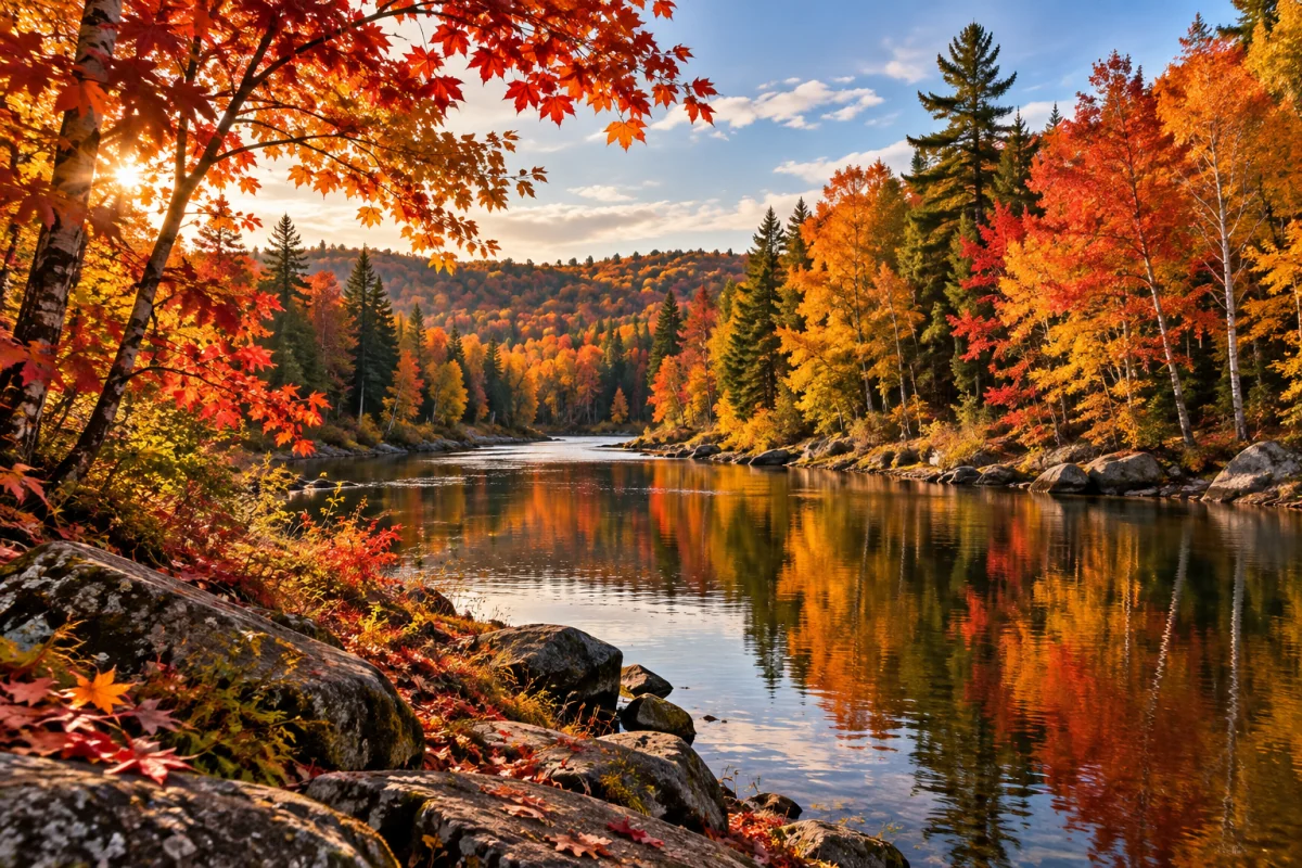Vivid red, orange and golden autumn trees reflected in a quiet river in warm afternoon light.