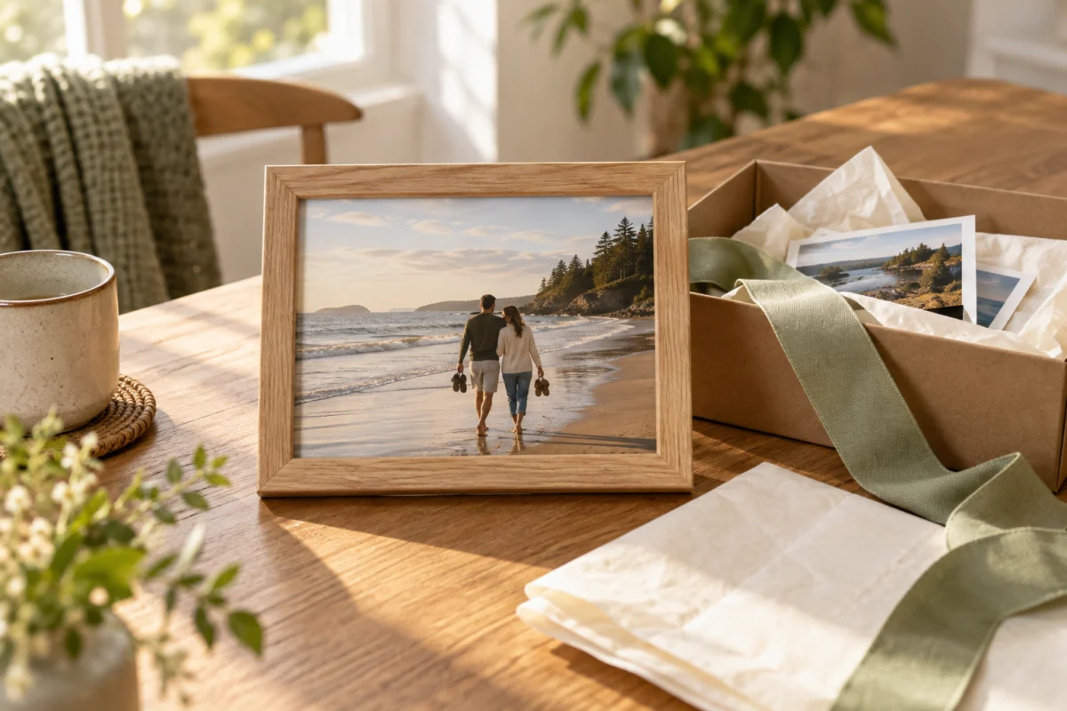A framed photograph of a couple walking on a beach beside a kraft gift box, cream tissue and sage ribbon.