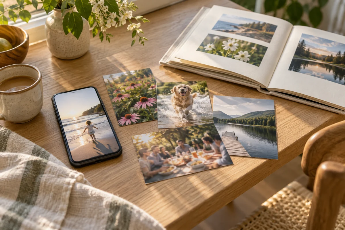 A phone, small everyday photo prints and an open photo album on a sunlit wooden table.