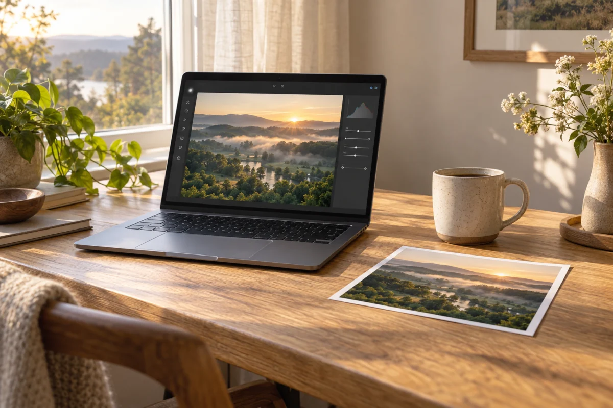 A laptop showing a sunrise landscape beside a matching photo print and a ceramic mug on a wooden desk.