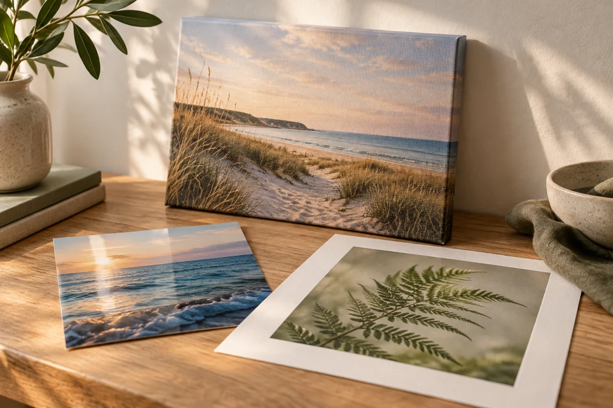 A woven canvas print, a glossy sea photograph and a matte fern print arranged on a warm wooden table.