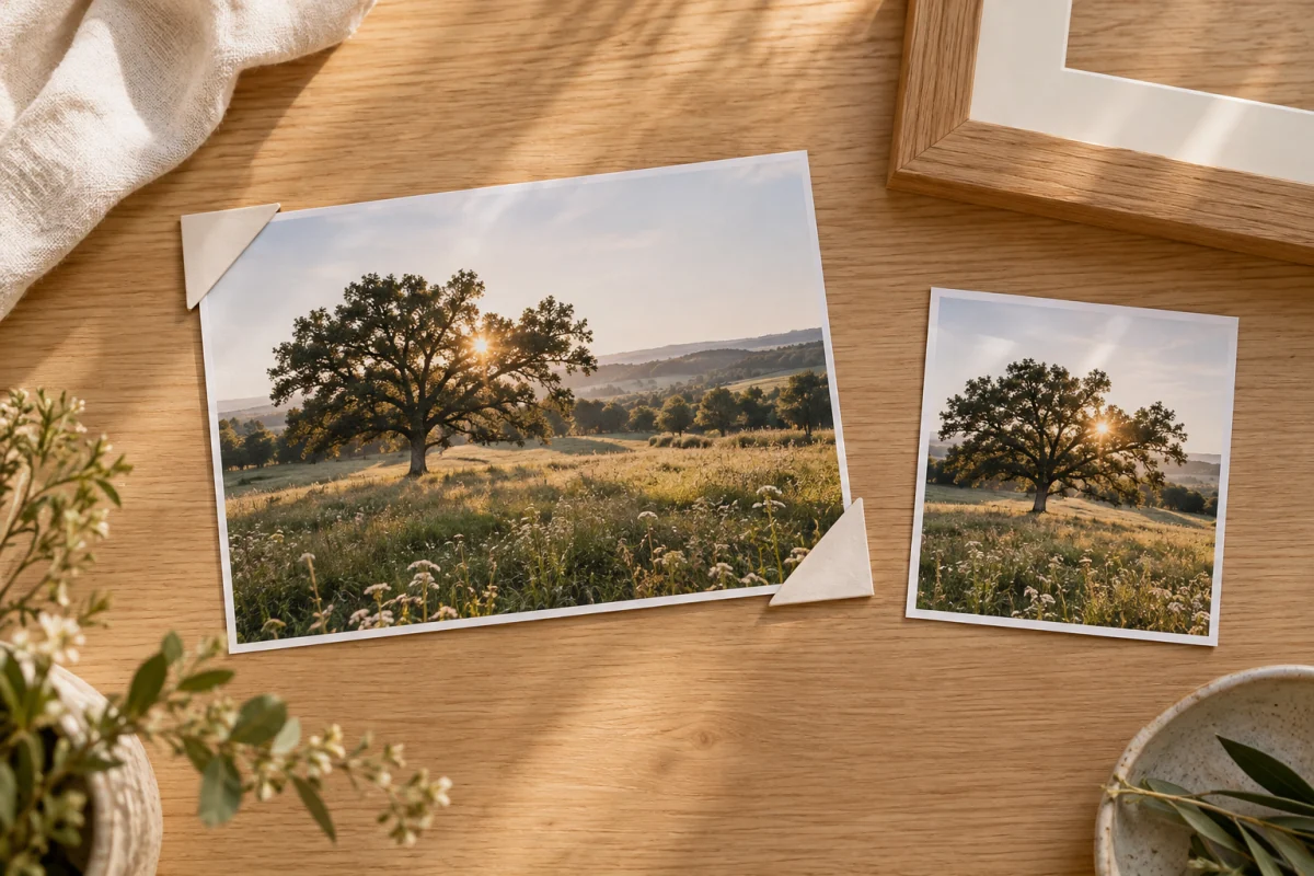 A meadow photograph in landscape and square formats beside a wooden frame and paper framing corners.